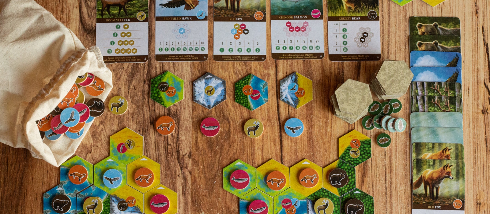 Close-up of Cascadia board game components, featuring cards, hexagonal tiles, and a bag of wildlife tokens.