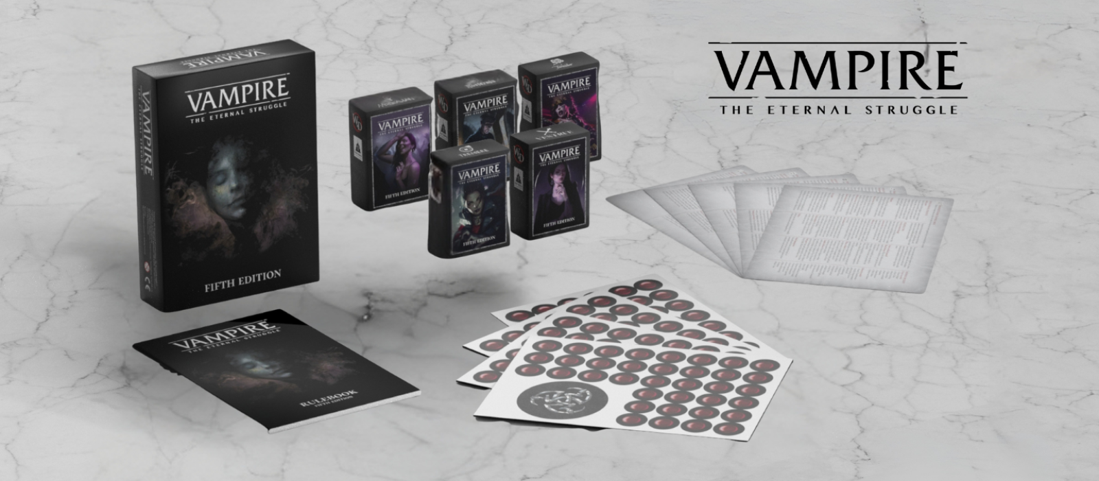 The base set from the game Vampire The Eternal Struggle. This is a card game from the publisher Black Chantry Productions.