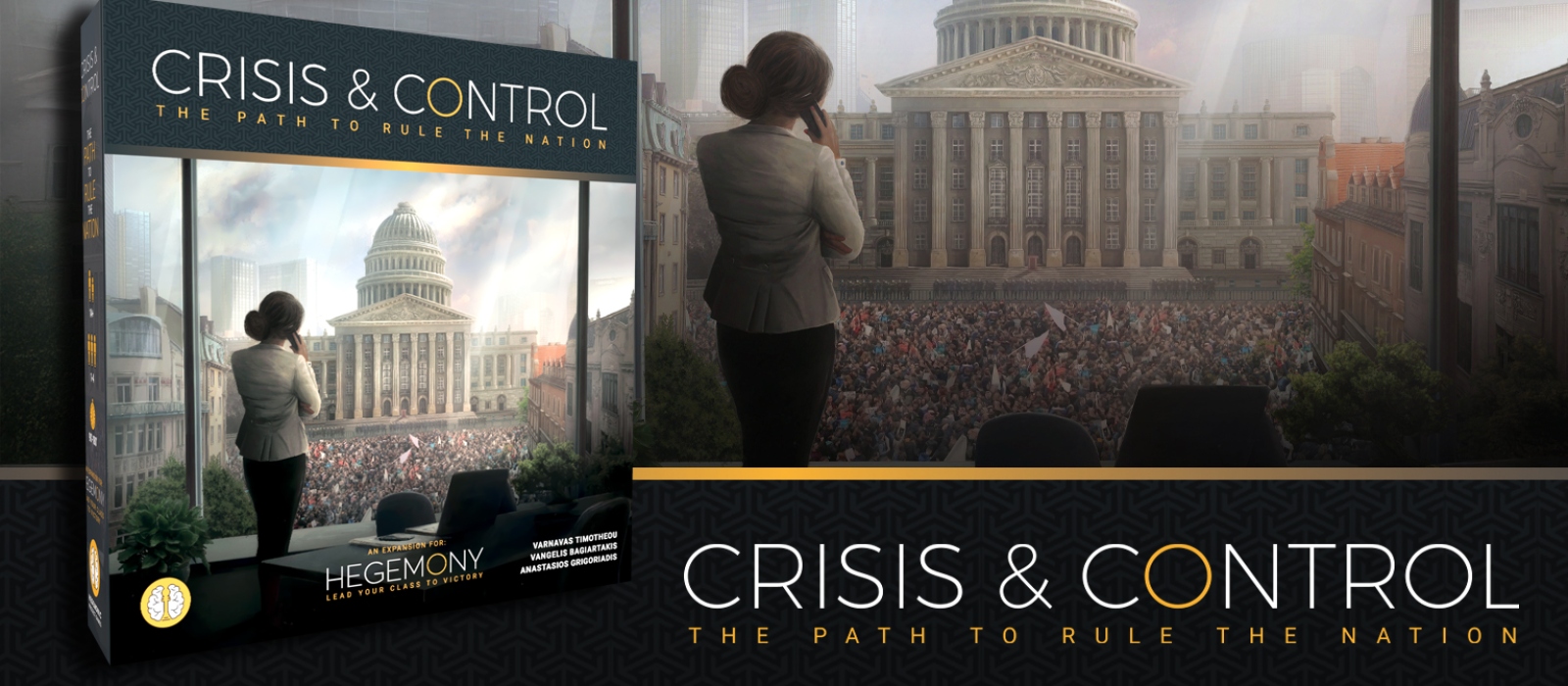 On the left a packshot of the strategic board game Hegemony: Crisis & Control. In the background artwork of Hegemony: Crisis & Control.