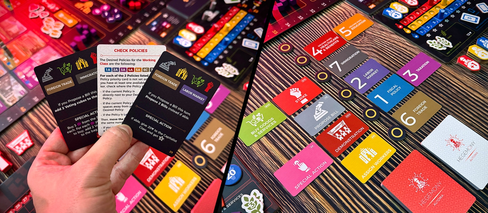 Split image of Hegemonic. Left: close-up of a hand holding game cards with the board and components in the background. Right: zoomed-in view of revealed cards in the play area.