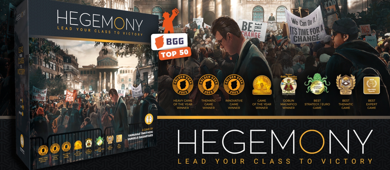 On the left a packshot of the strategic board game Hegemony. In the background artwork of Hegemony and all the awards this game has won.