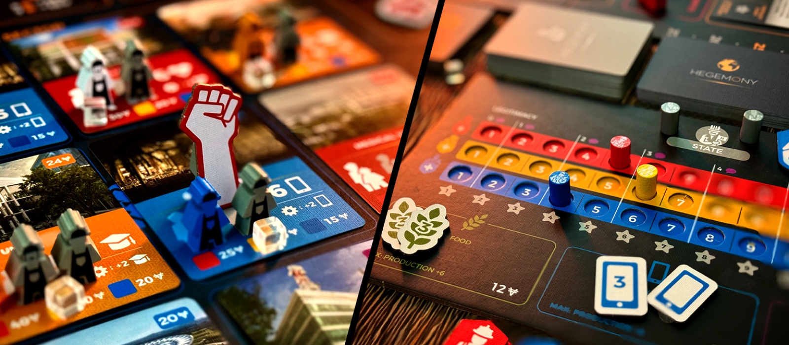 The image is devided into two images. On both there is a close up from the strategic board game Hegemony to see.