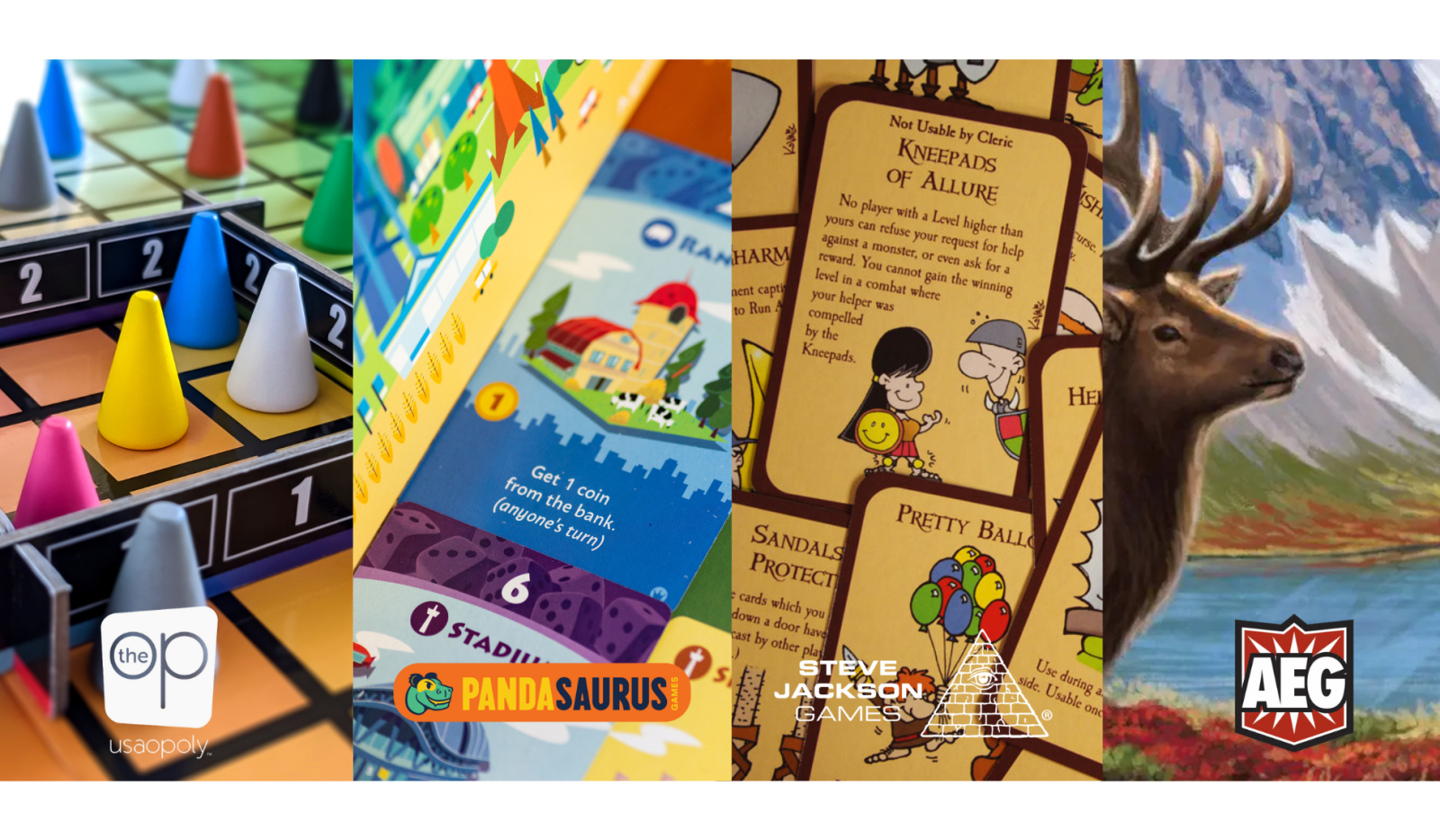 4 board games of publishers The Op, Pandasaurus, Steve Jackson Games, Alderac Entertainment Group. The games are Hues and Cues, Machi Koro, Munchkin and Cascadia.