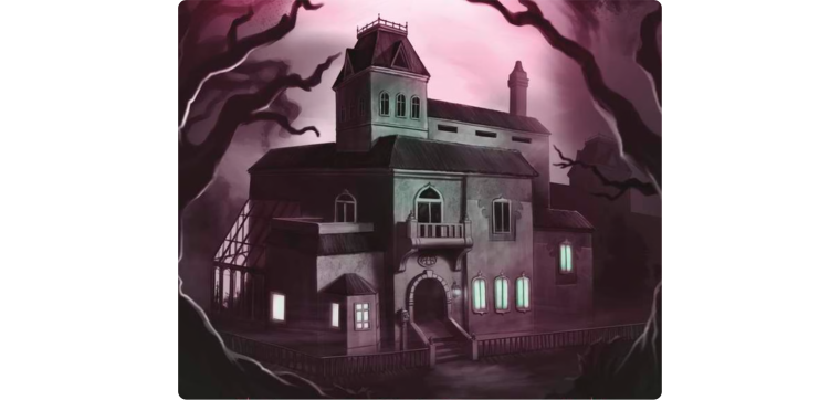 Illustration of a mysterious mansion featured in Awkward Guests 2: The Berwick Cases, a detective board game by Megacorpin Games. The eerie house stands in a dark, foggy setting, surrounded by twisted, leafless trees, with dimly glowing windows hinting at hidden secrets inside. The ominous atmosphere suggests a crime scene or a place filled with intrigue, setting the stage for players to unravel a thrilling murder mystery.