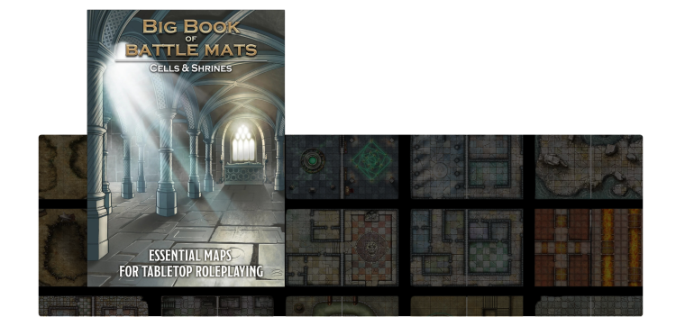Promotional image for 'Big Book of Battle Mats: Cells & Shrines' by Loke BattleMats. The cover features a grand medieval-style hallway with light streaming through arched windows. Below the cover, a collection of various tabletop roleplaying maps is displayed, showcasing different dungeon layouts, shrines, and intricate battle mat designs for RPGs.