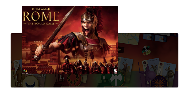 Promotional image for 'Total War: ROME – The Board Game,' a strategy war board game by Plastic Soldier Games, based on the renowned video game. The game box art features a fierce Roman soldier in battle armor, wielding a sword and leading an army with the city of Rome ablaze in the background. Below, the image showcases game components such as cards, miniatures, tokens, and dice, representing various factions and strategic elements of the game.