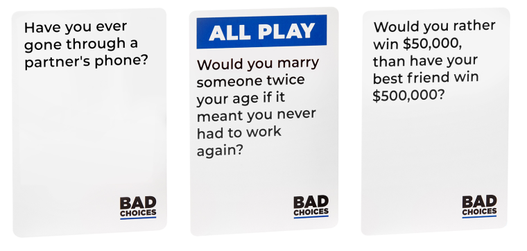 Bad Choices Card Game with funny questions and have you ever questions